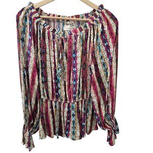 Savana Jane Womens Boho Peasant Top S Multicolor Long Sleeve Elastic Waist Tie N